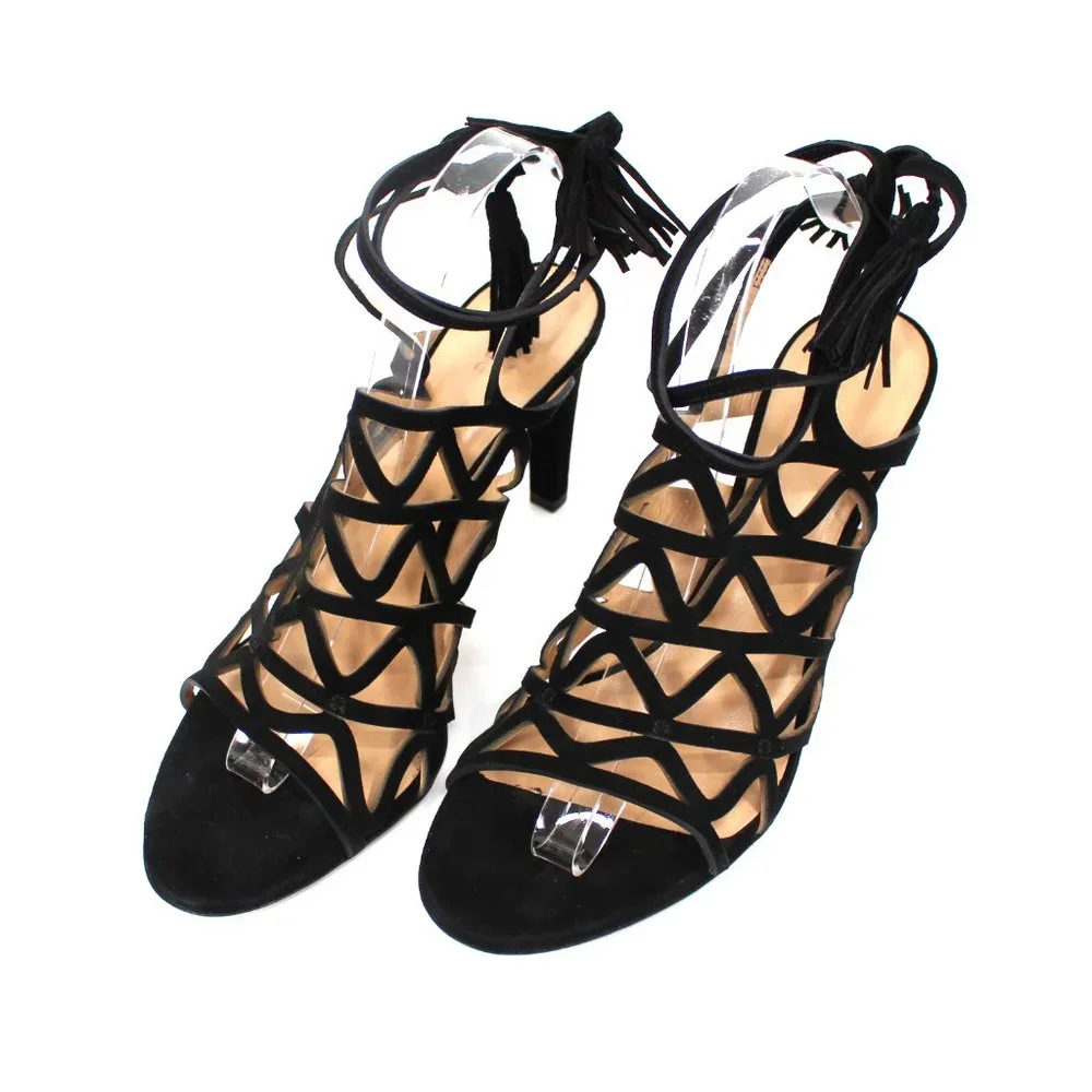 Chloè Kendal Black Suede Caged Cut-Out Heeled Tassel Tie Ankle Sandals 41 Heels
